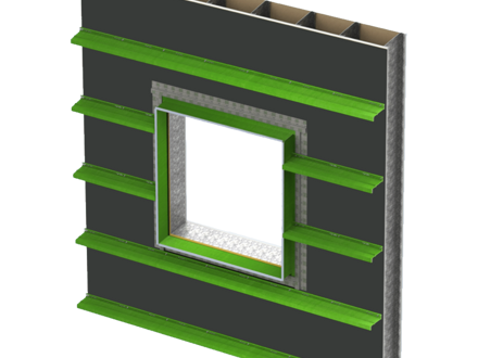 Diagram of a thermally broken girt subframing system carrying insulation around a window opening