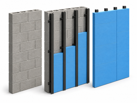 Exploded view of a continuous insulation assembly built up from a concrete masonry wall
